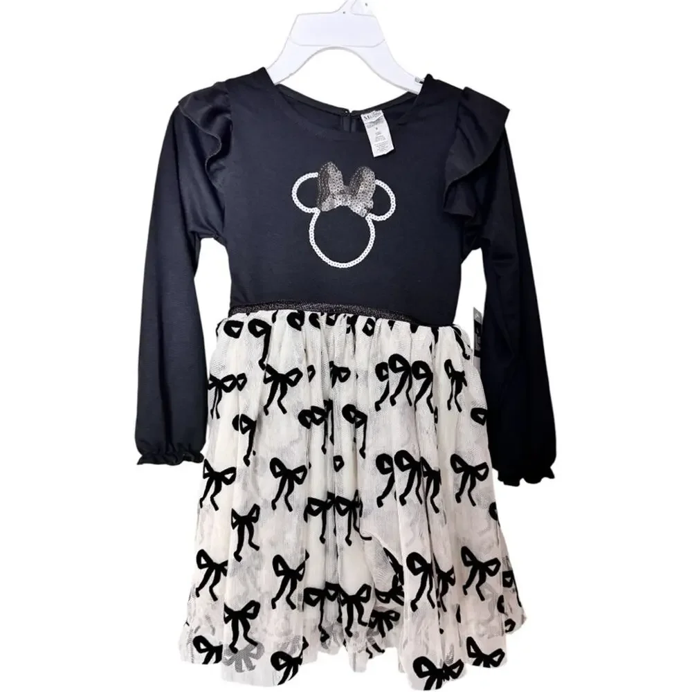 Disney Minnie Mouse Long SLeeve  Black and White Bow Dress Sz 6 NWT